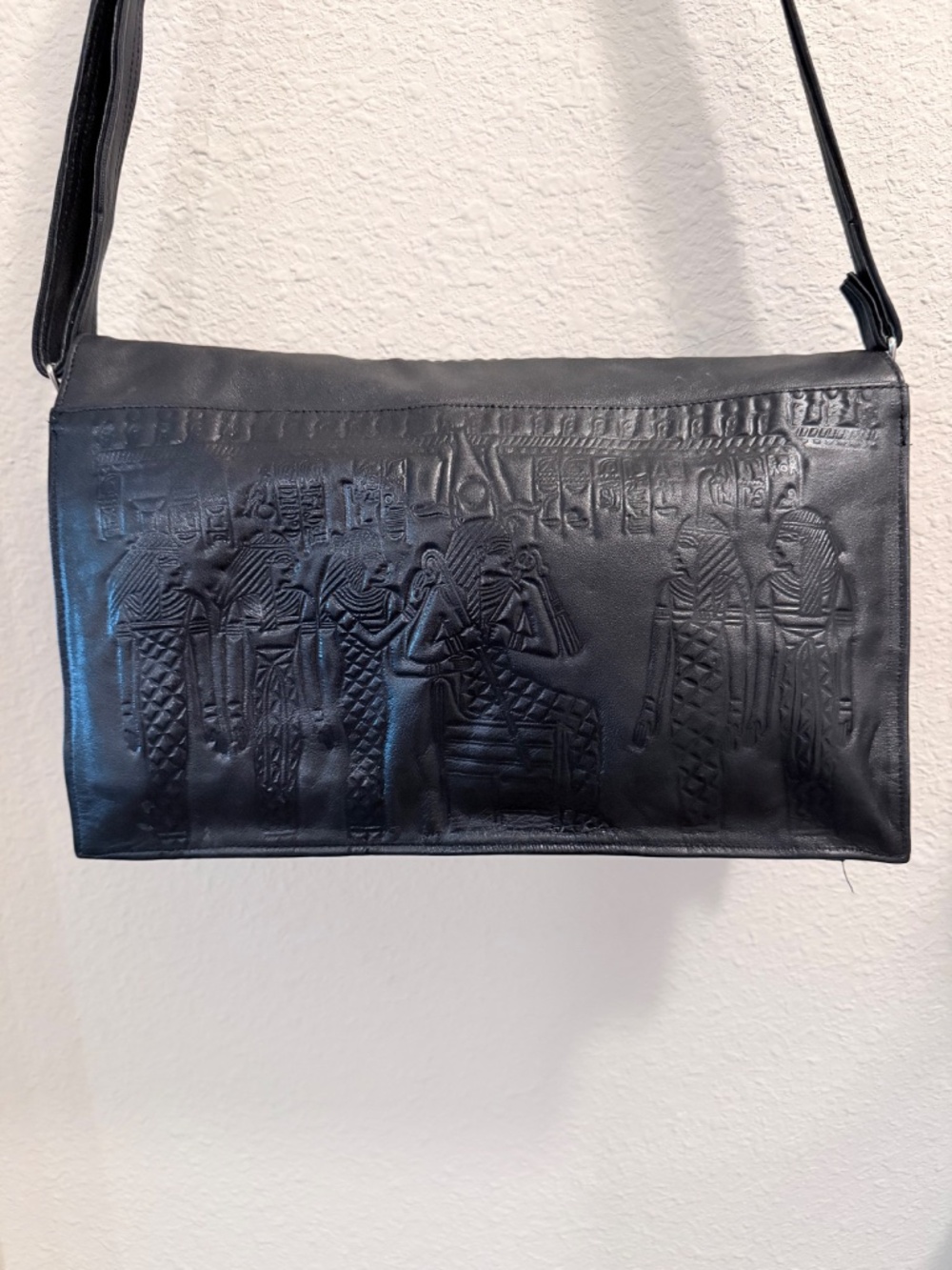 Artisan Black Leather Egyptian Hand-Tooled Embossed Crossbody Bag - Picture 8 of 14